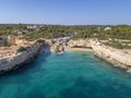 Aerial seascape in Praia Albandeira, beach destination of Algarve, Portugal