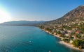 Aerial seaside view of Kato Verga seaside town near Kalamata city, Messenia, Greece