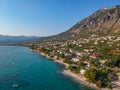 Aerial seaside view of Kato Verga seaside town near Kalamata city, Messenia, Greece