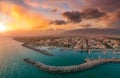 Aerial seaside view over seaside city of Kalamata, Greece at sunset