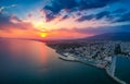 Aerial seaside view over seaside city of Kalamata, Greece at sunset