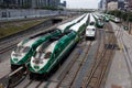 Aerial of seven tracks of passenger trains parked in downtown Toronto, Ontario, Canada