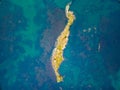 Aerial shoot of an island covered with forest in open ocean