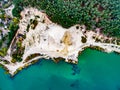 Aerial shoot of a lake coast with sand mining