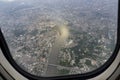 Aerial shot above Chao Phraya River- Bangkok city. Royalty Free Stock Photo