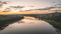 Aerial shot above Nemunas river ant the sunset.