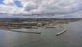 Aerial shot above Seaham lighthouse and pier in 4k, Durham, UK