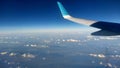 aerial shot with airplane wing and a beautiful horizon where heaven and earth merge Royalty Free Stock Photo