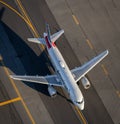 Aerial shot of American Airlines Airbus 319 taxiing at Boston's Logan International Airport