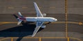 Aerial shot of American Airlines Airbus 319 taxiing at Boston's Logan International Airport