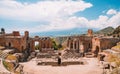 Aerial shot of ancient Greek Theater of Taormina in Sicily, Italy Royalty Free Stock Photo