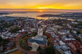 Aerial shot of Annapolis harbor, Chesapeake Bay and Maryland Capitol building at sunset. Royalty Free Stock Photo