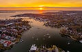 Aerial shot of Annapolis harbor and Chesapeake Bay at sunset. Royalty Free Stock Photo