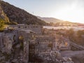 Aerial Shot Archeological remains of the Lycian rock cut tombs in Mira, Turkey Royalty Free Stock Photo