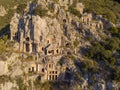Aerial Shot Archeological remains of the Lycian rock cut tombs in Myra, Turkey Royalty Free Stock Photo