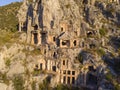 Aerial Shot Archeological remains of the Lycian rock cut tombs in Myra, Turkey Royalty Free Stock Photo