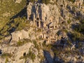 Aerial Shot Archeological remains of the Lycian rock cut tombs in Myra, Turkey Royalty Free Stock Photo