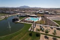 Aerial shot of the Arizona fountain park with swimming pool and new homes Royalty Free Stock Photo