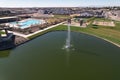 Aerial shot of the Arizona fountain park with swimming pool and new homes Royalty Free Stock Photo