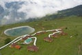 Aerial shot of Auli lake and houses, Auli, Chamoli district Uttarakhand, India