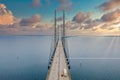Aerial shot of a beautiful cable-stayed bridge going over a sea