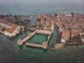 Aerial shot of a beautiful Rocca Scaligera Castle in Sirmione, Italy Royalty Free Stock Photo