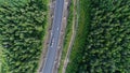 Aerial shot of beauty forest nature landscape with road.