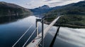 Aerial shot of bridge Rombaksbrua over Straumen bay of Ofotfjord