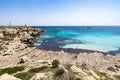 Aerial shot of Cala Azzura one of the most popular beaches of Favignana Aegaian Islands, Sicily