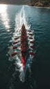 Aerial shot capturing rowers in the sea, displaying synchronized perfection