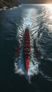 Aerial shot capturing rowers in the sea, displaying synchronized perfection