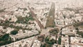 Aerial shot of Catacombs of Paris, metro railway tracks and the cityscape, France