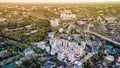 Aerial shot of center in Chisinau City. Moldova, 2022. Sunset over the city