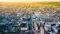 Aerial shot of center in Chisinau City. Moldova, 2022. Sunset over the city