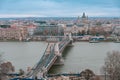 Aerial shot of the Chain Bridge in Budapest, Hungary