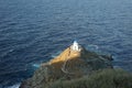 Aerial shot of the Church of the Seven Martyrs in the Greek island of Sifnos with sea view