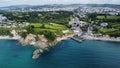 Aerial shot of the coastal city between the green lands and trees