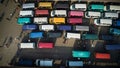 Aerial shot of colorful buses at lorry station in Accra