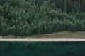 Aerial shot of coniferous forest and lake, mirror reflection, wild mountain wood landscape. Fir forest and mountain lake wallpaper Royalty Free Stock Photo