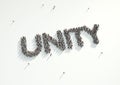 Aerial shot of a crowd of people forming the word 'Unity'.