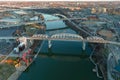 Aerial shot Cumberland River with the John Seigenthaler Pedestrian Bridge and the Korean Veterans Memorial Bridge over the water