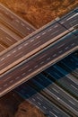 Aerial shot of empty freeway overpass with multiple lane highway asphalt road from drone pov