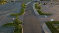 Aerial shot of an empty parking lot in Barrhaven, a suburb of Ottawa, Ontario, Canada at sunset