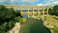 Aerial shot of famous Pont du Gard, the Roman aqueduct bridge of Nimes over the Gardon River. France Royalty Free Stock Photo