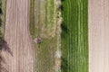 Aerial shot of farmland. Plowed soil, green field with wheel marks and trees. Aerial view of agricultural landscape Royalty Free Stock Photo