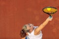 Aerial shot of a female tennis player on a court during match. Young woman playing tennis.High angle view. Royalty Free Stock Photo