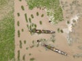 Aerial shot of flooded Area with ships in Taherpur Sunamganj, Bangladesh Royalty Free Stock Photo