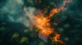 Vivid aerial view of a forest fire amidst lush greenery. capturing nature's contrast and battle. environmental