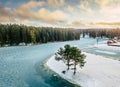 Sunny Winter Day Scene with Frozen Lake Royalty Free Stock Photo