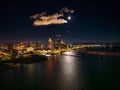 Aerial shot of a full moon over Louisville, Kentucky, and the Ohio River at night. Royalty Free Stock Photo